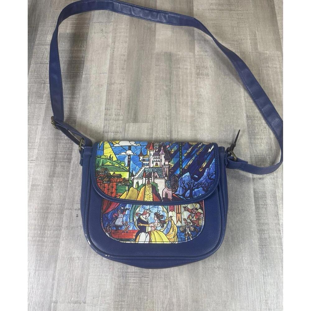 Disney Loungefly Beauty And The‎ Beast Stained Glass Design Blue Crossbody Bag
